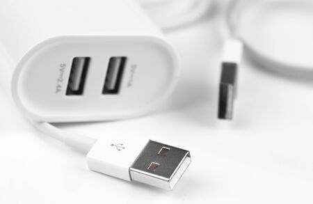 USB charger connectors input and USB ports on the white background closeup, macroの写真素材