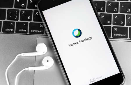 Webex Meetings app on the screen smartphone. Webex Meetings is one of popular application offering cloud meeting or video conference. Moscow, Russia - April 2, 2020のeditorial素材