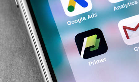 Google Duo app icon on the screen smartphone. Google Primer is a free mobile app designed to train...