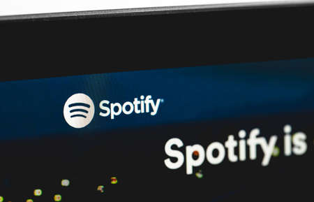 Spotify website on the screen notebook closeup. Spotify - online streaming audio service. Moscow, Russia - July 26, 2019のeditorial素材