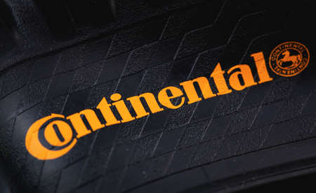 Close up Continental logo on tire, macro. Continental is a German manufacturer of tires and auto components. Moscow, Russia - July 10, 2020のeditorial素材