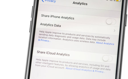 settings and confidentiality on iOS, privacy and analytics settings on the screen iPhone. Apple is a multinational technology company. Moscow, Russia - July 28, 2020のeditorial素材