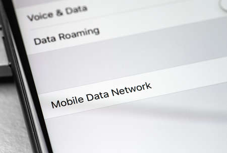 smartphone iPhone with Mobile Data Settings on the screen closeup. Apple is a multinational technology company. Moscow, Russia - August 15, 2020のeditorial素材