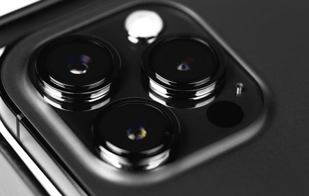 iPhone 12 Pro Max closeup, triple rear camera with LIDAR technology. Apple is a multinational technology company. Moscow, Russia - November 28, 2020のeditorial素材