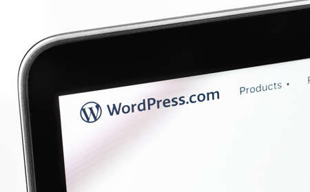 WordPress web page on the screen notebook closeup. WordPress - open source site content management system. Moscow, Russia - March 24, 2020のeditorial素材