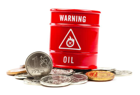 one russian rubles, money and oil barrel on a white background
