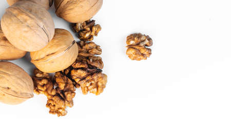 walnuts closeup on white backgroundの写真素材