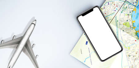tourist travel concept, iPhone with white display, map with airplane toy, holiday season vacation. Apple iPhone. Apple is a multinational technology company. Moscow, Russia - July 27, 2020のeditorial素材