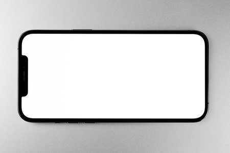 mockup smartphone iPhone horizontal with white screen, empty display on the gray background. Apple is a multinational technology company. Batumi, Georgia - March 19, 2022のeditorial素材