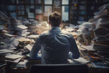 exhausted man view from the back in the office full of folders and workの素材