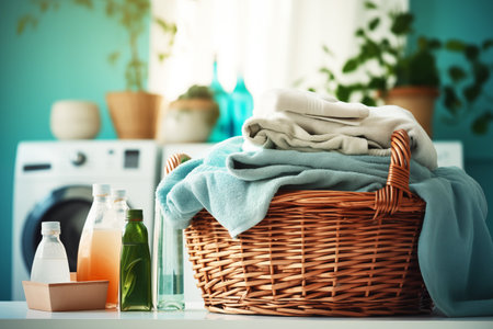 a wicker laundry basket filled with folded towels and bottles of detergent is placed on a tableの素材