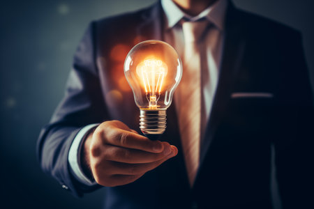 businessman hand holding light bulb. Idea of saving energy and accounting finance in office concept.の素材