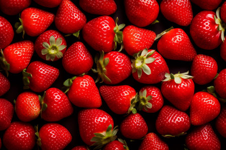 red ripe strawberries background, close up, top view.の素材