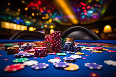 colorful poker chips on casino table, poker game, casino chipsの素材