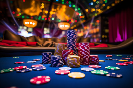 colorful poker chips on casino table, capturing the excitement and chance of gambling. Poker game, casino chips, macroの素材