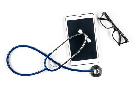Stethoscope and glasses with Tablet, Touch Screen Mobile Phoneの写真素材