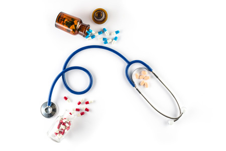 capsule in bottle with Stethoscope and pill cardiology  treatの写真素材