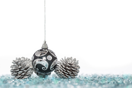 Luxury Christmas ball with Pine Cone, hanging Decoration, isolated on whiteの写真素材