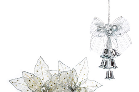Luxury Silver jingle Bells with flower, hanging Decoration, isolated on whiteの写真素材