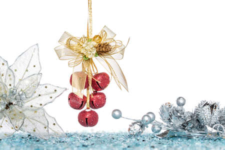Luxury red jingle Bells and Pine Cone with Snow, hanging Decoration, isolated on whiteの写真素材