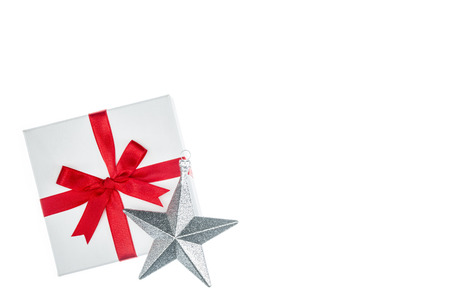 luxury color gift box for holiday event silk wrap snowflake on white background isolatedの写真素材