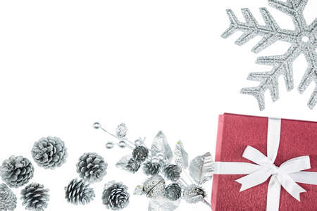 luxury color gift box for holiday event silk wrap pine cone on white background isolatedの写真素材