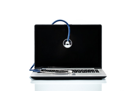 Medical Research, stethoscope on laptop keyboard, doctor workplaceの写真素材
