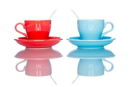 enjoy multiple colorful coffee cup mug on reflection table white  backgroundの写真素材