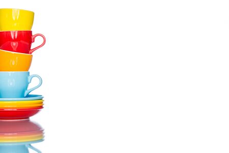 enjoy multiple colorful coffee cup mug on reflection table white  backgroundの写真素材