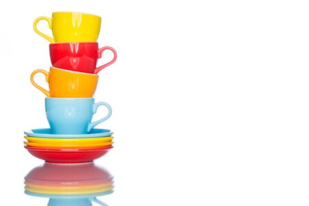 enjoy multiple colorful coffee cup mug on reflection table white  backgroundの写真素材