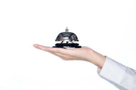 woman hand holding Service bell on white background