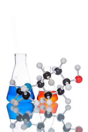 Molecular Structure and colorful liquid on white backgroundの写真素材
