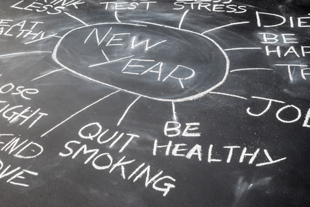 New year resolution planning on a blackboard, Healthy Lifestyle, future targetの写真素材