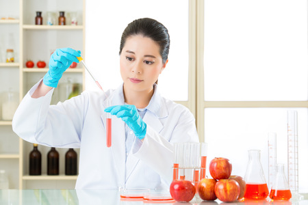 scientist use dropper to test  genetic modification food in laboratoryの写真素材