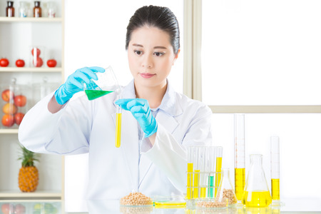 gmo food chemistry researchers observing indicator color shift researchの写真素材