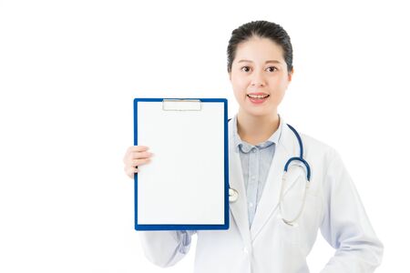 beauty asian doctor display showing blank clipboard. isolated on white background. health and medical conceptの写真素材