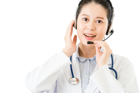 professional doctor happy to serve online for medical knowledge. isolated on white background. health and medical conceptの写真素材