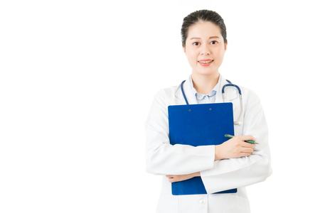 asian doctor holding medical case clipboard smiling camera. isolated on white background. health and medical conceptの写真素材