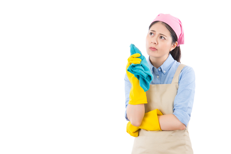 cleaning housewife think where to start for house home planning hygiene disinfection. isolated on white background. housework and household health care concept.の写真素材