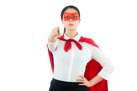 businesswoman be a superhero gesture pointing positive camera searching new employee for company isolated on copyspace with white background over clean blank area.の写真素材