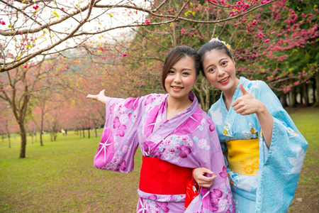 Happy women wearing traditional kimono on travel in japan. Cheerful girlfriends thumbs up smiling happy and pose presenting portrait outdoor during vacation holidays in sightseeing cherry-blossom.の写真素材