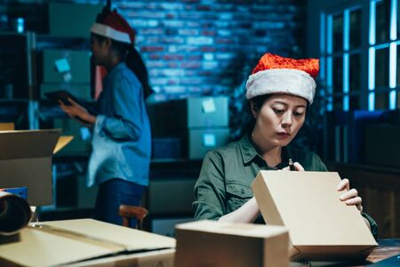 two busy women partner in warehouse office on Christmas Eve. Young girls coworkers in santa hats...