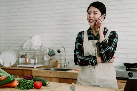 Check recipe online phone call. Young pretty asian chinese woman talk on smartphone in modern...
