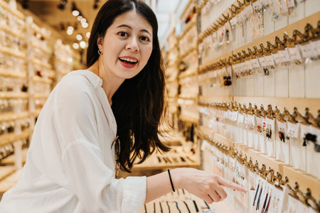 hipster asian chinese woman looking for fancy jewelry and accessories in market shop. charming lady joyful point finger at beautiful earrings on shelf and face camera smiling showing to boyfriend.の写真素材