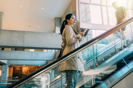 Young businesswoman in spring coat holding mobile phone in hand and climbs escalator. Business people work place building concept. beautiful office lady inside skyscraper on way to company floorの写真素材