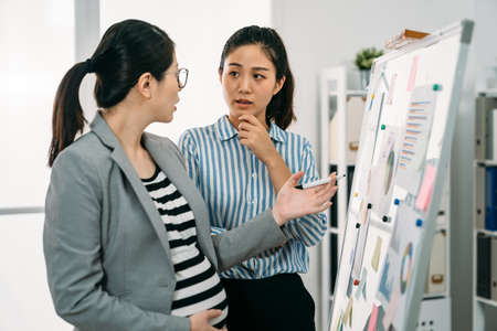 asian pregnant manager is expressing ideas with hand gestures while her team member is listening with hand under chin in front of a white board during meeting.の写真素材