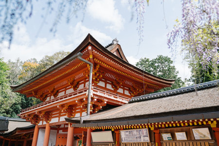 exterior of the famous orange religious building of Kasuga Taisha shrine in nara, japan, on sunny day. architecture photography concept.のeditorial素材