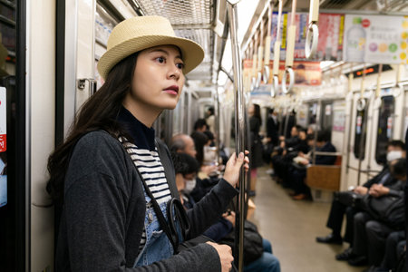 beautiful Asian Japanese girl wearing hat traveling by taking subway in nara-shi japan. she holds the pole and looks at space while standing in the train car.の写真素材
