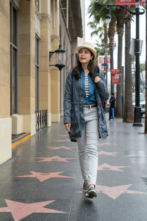 full length beauty Asian girl tourist walking on hollywood walk of fame on hollywood boulevard.の写真素材