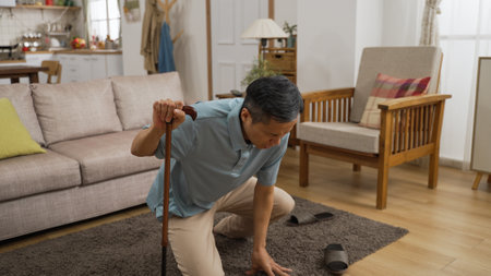 Asian elderly man trying to slowly get up after he slipped and fell on floor in the living room at home. he feels great pain in lower back while using stick to support himselfの写真素材